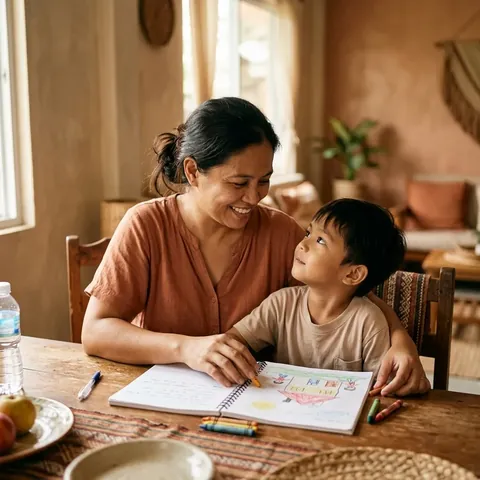 A mother helping her child with homework