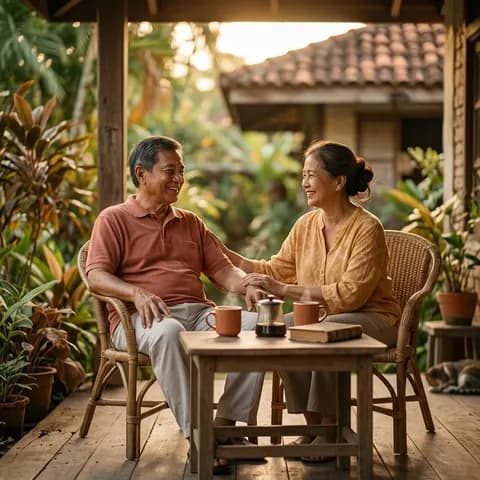 An older couple relaxing on the veranda of their home