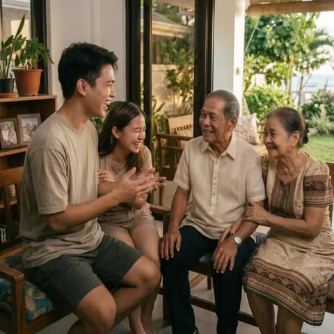 Three generations of a Filipino family laughing together in their living room