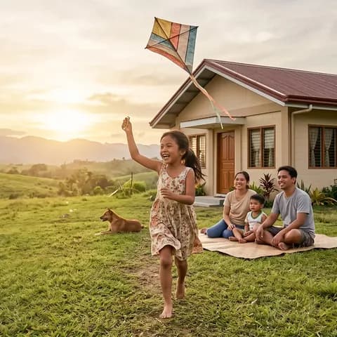 A Filipino family with a kite outside their home at sunset
