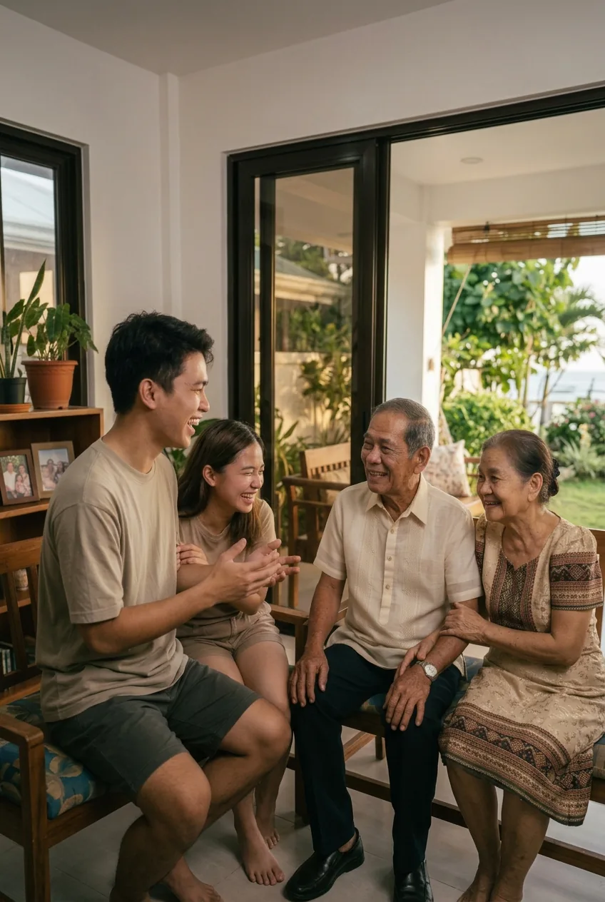 Three generations of a Filipino family laughing together in their living room